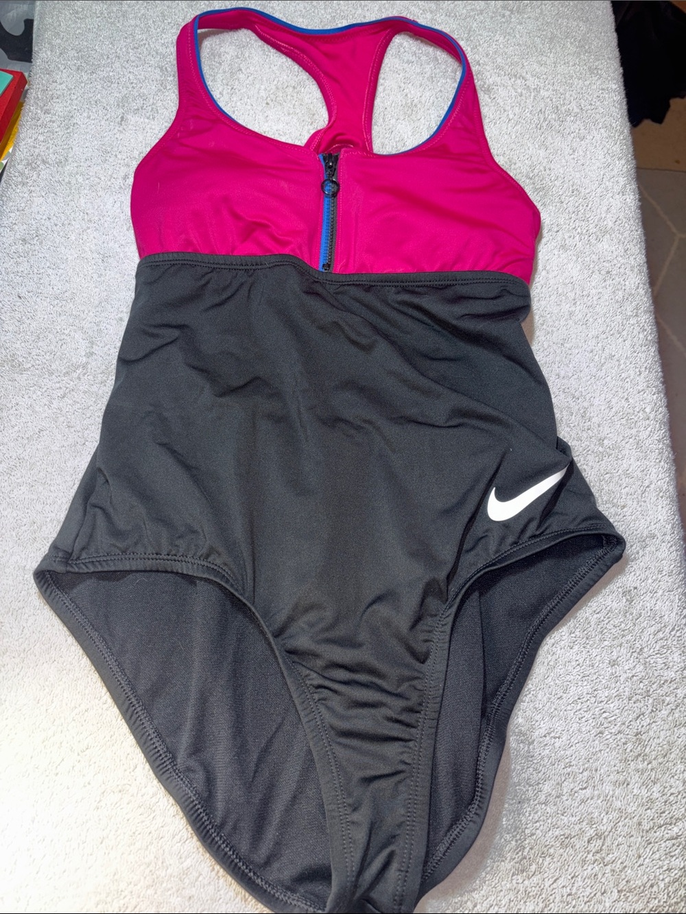 Nike Pink and Black Front-Zip Racerback One-Piece Swim Suit